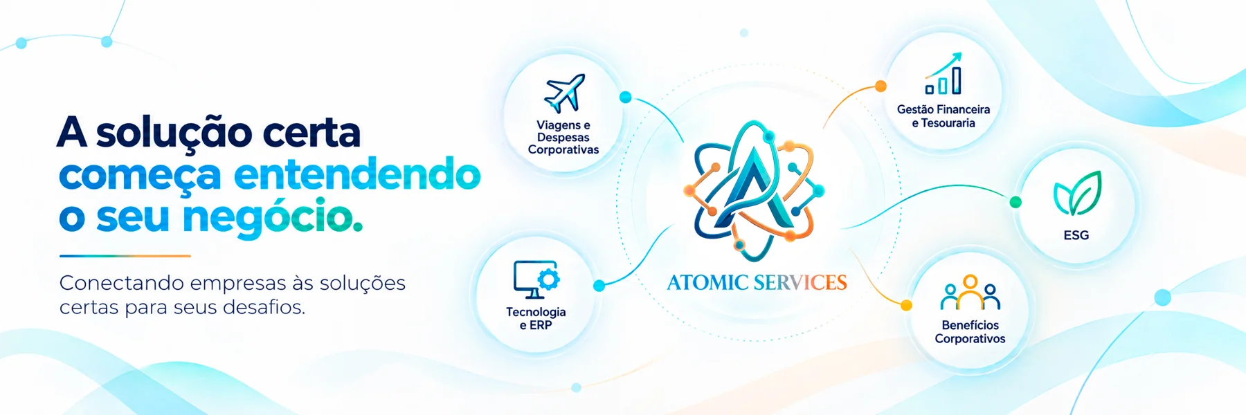 Banner Atomic Services: a solução certa começa entendendo o seu negócio; cinco verticais conectadas à Atomic.