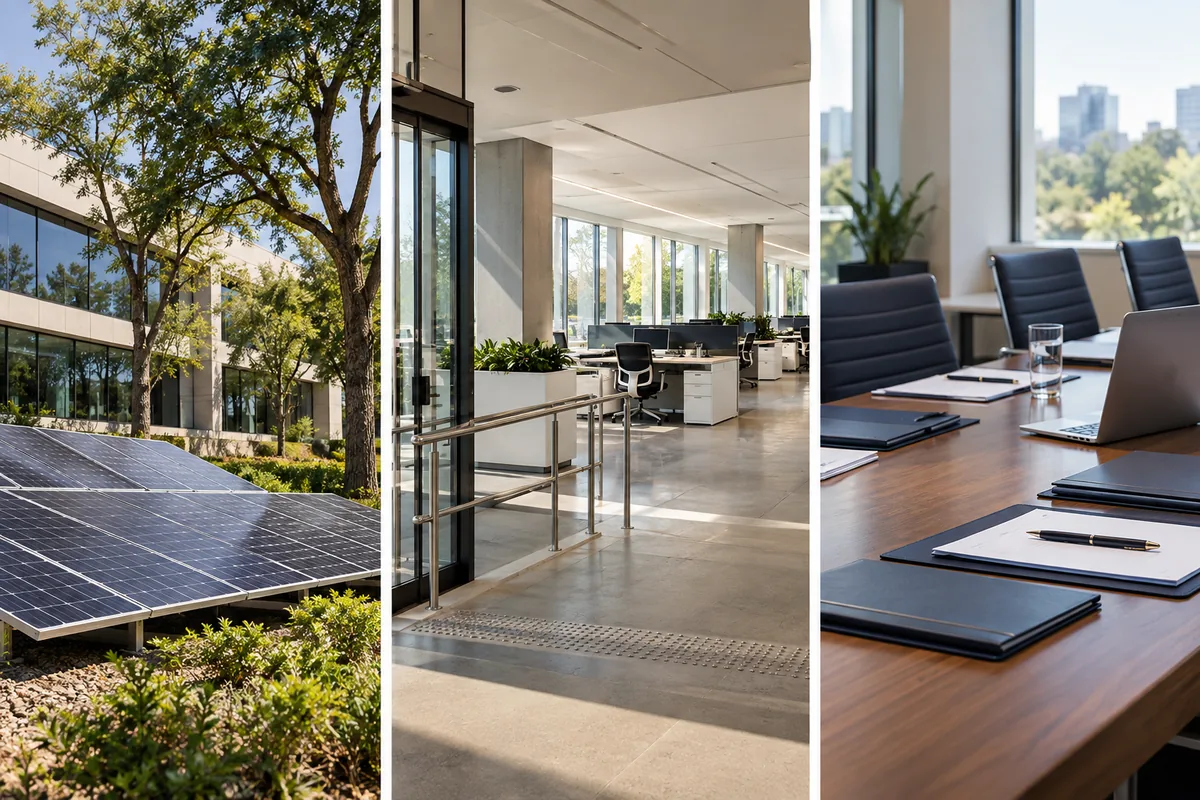 Painéis solares e árvores, ambiente de trabalho acessível e documentos de governança.