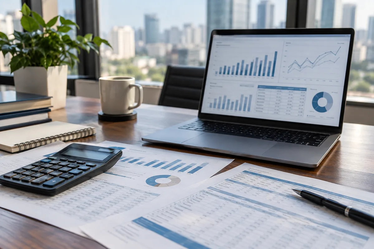 Estação de trabalho com gráficos financeiros, relatórios e calculadora.