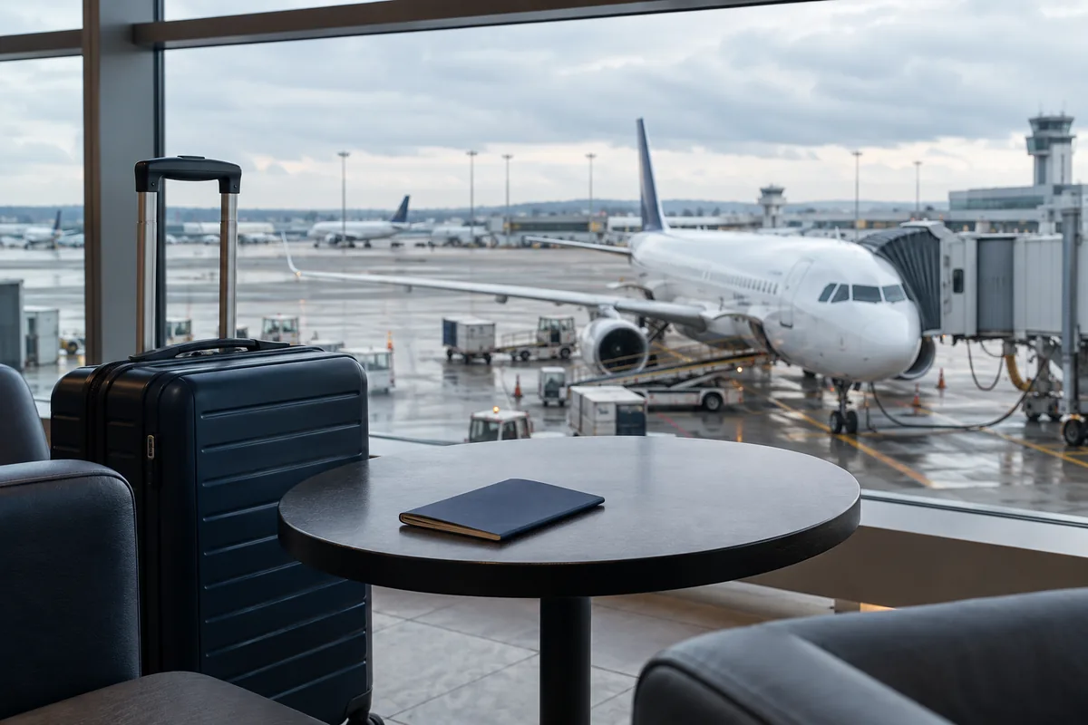 Avião no aeroporto e bagagem de viagem corporativa.